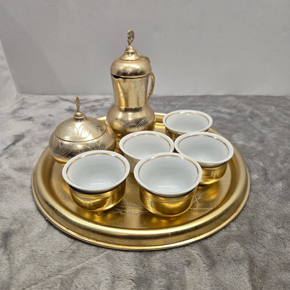 Vintage Zlatar Sarajevo Brass Coffee Set Etched Tray Dzezva Sugar Bowl 5 Cups